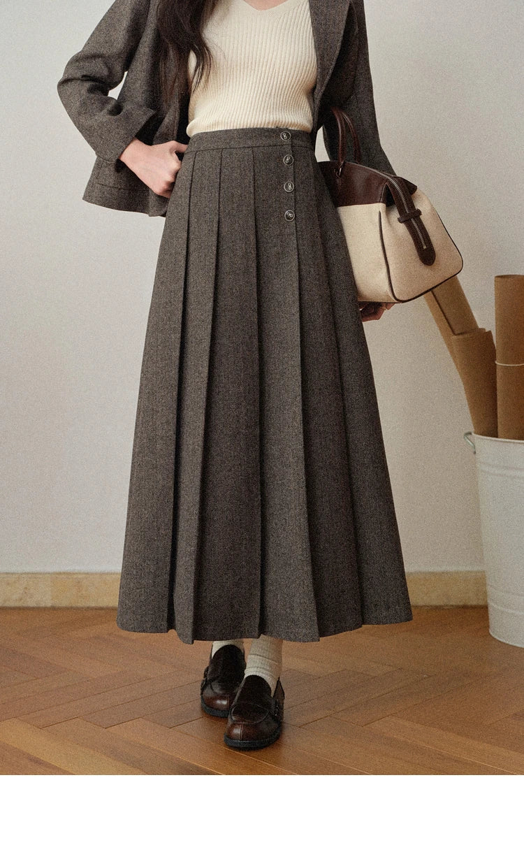 Korean Style Pleated Wool Skirt - Elegant High-Waist A-Line Midi Skirt for Women