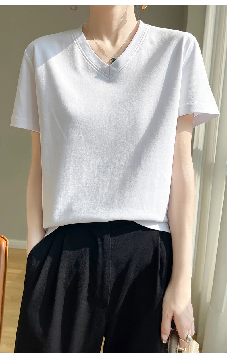 Korean Style V-Neck Cotton T-Shirt - Women's Relaxed Fit Short Sleeve Top