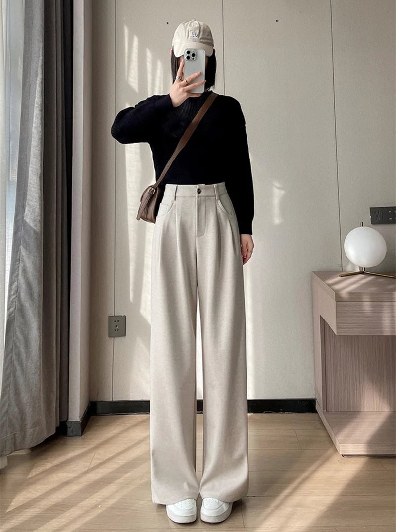 MEXZT Woolen Wide Leg Pants Women Streetwear Belt Fleece Baggy Black Suit Pants Winter Korean Fashion Casual Straight Trousers