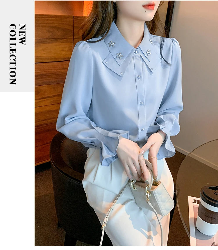 Korean Style Chiffon Blouse - Elegant Long Sleeve White Shirt for Women