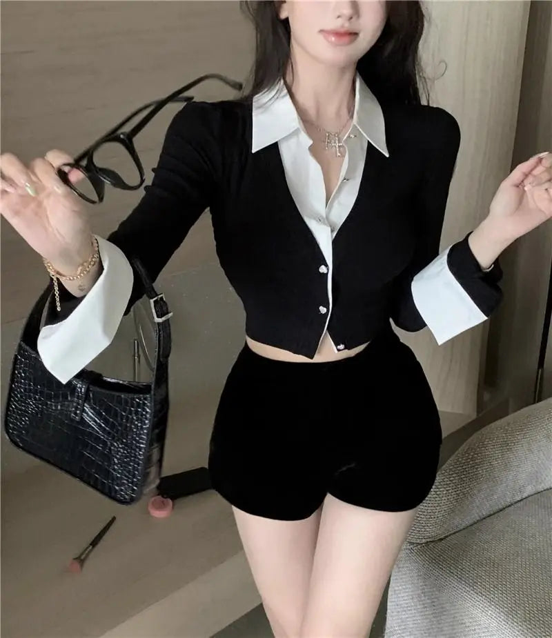 Korean Style Two-Piece Effect Blouse - Women's Slim Fit Cropped Shirt