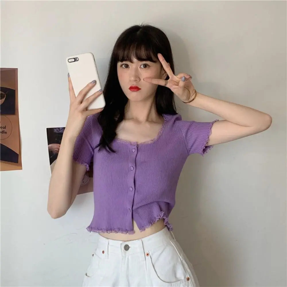 Korean Style Lace Knit Cardigan - Women's Slim Fit Button-Up Top