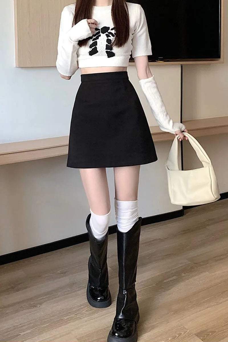 Korean Style High Waist Woolen Mini Skirt - A-Line Bodycon Skirt with Zipper
