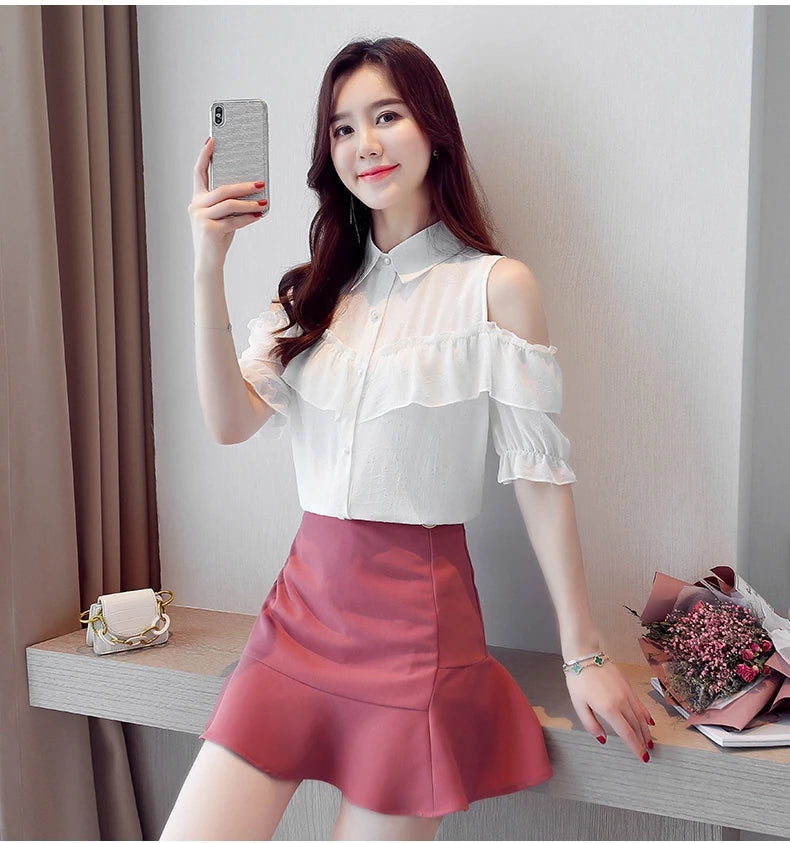 Korean Style Off-Shoulder Chiffon Blouse - Ruffle Sleeve Summer Top