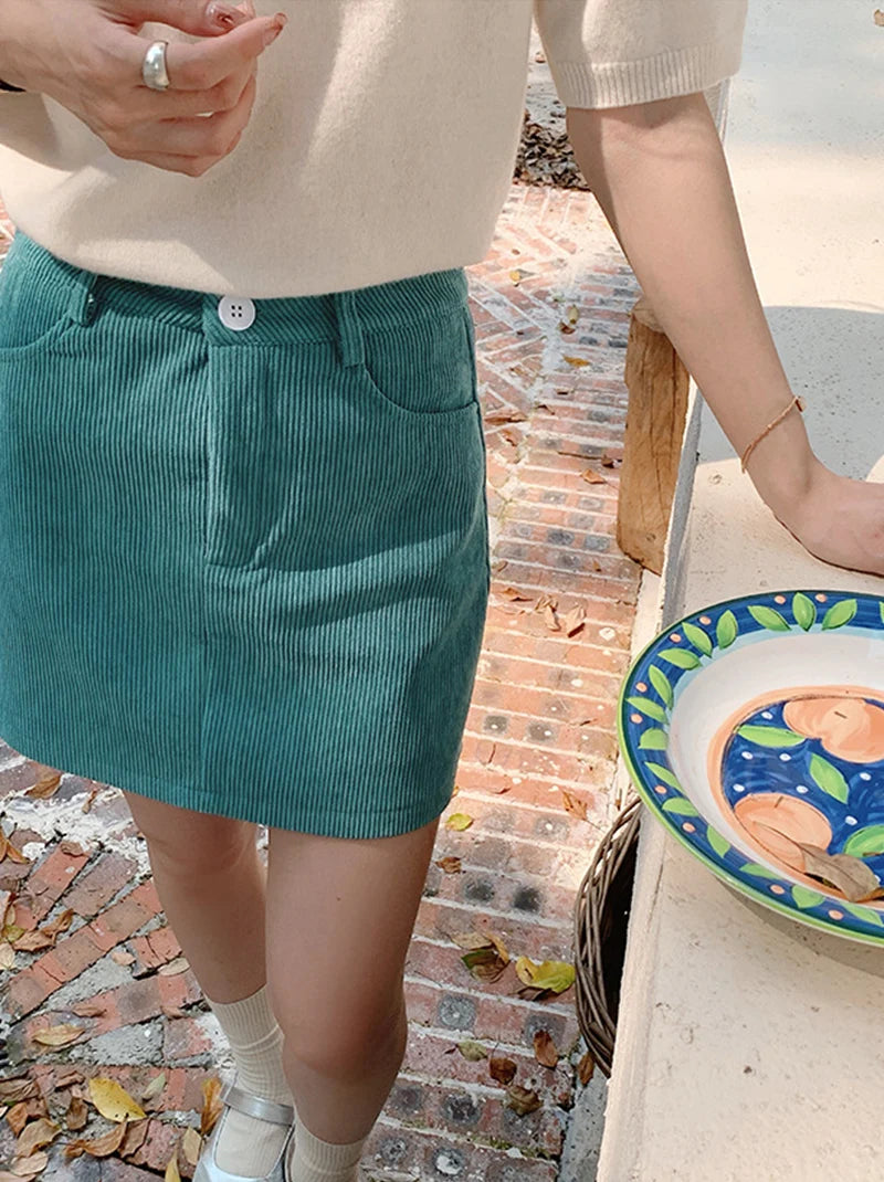 Korean Style High Waist Corduroy Mini Skirt - A-Line Vintage College Skirt with Pockets