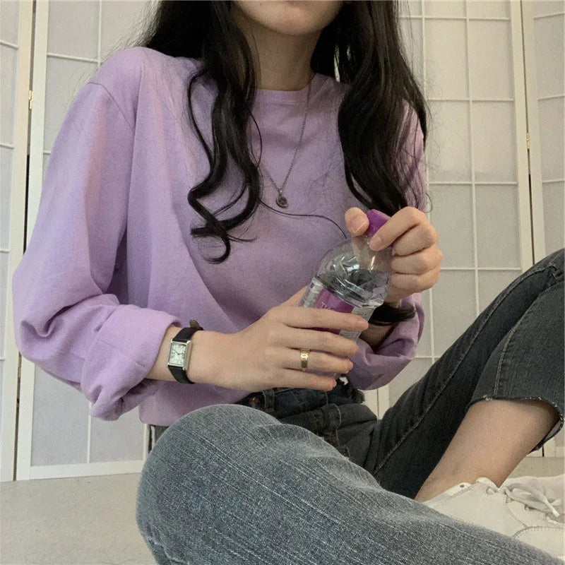 Korean Style Long Sleeve T-Shirt - Women's Loose Fit Basic Top