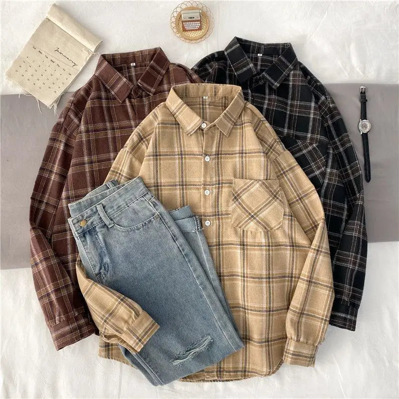 Korean Style Oversized Plaid Shirt - Women's Long Sleeve Button Up Blouse