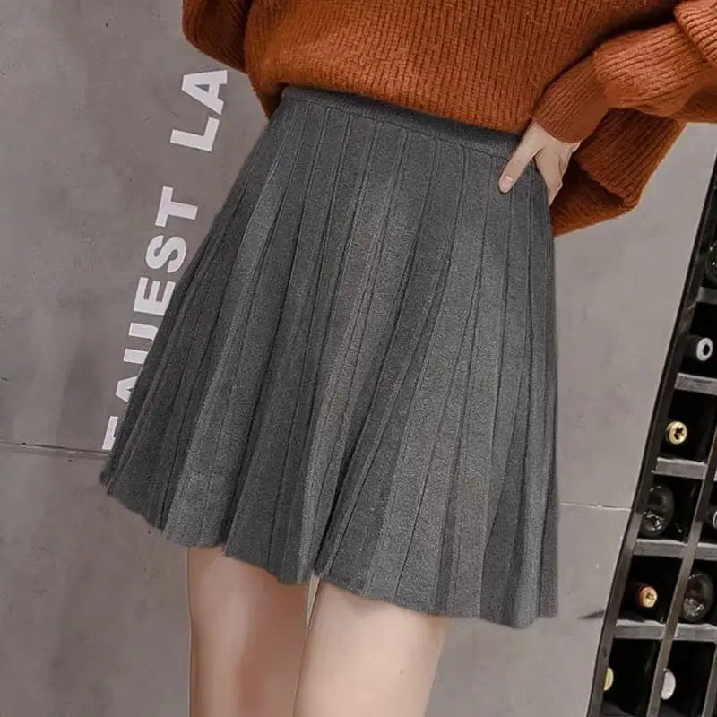 Korean Style Pleated Knit Mini Skirt - High Waist A-Line