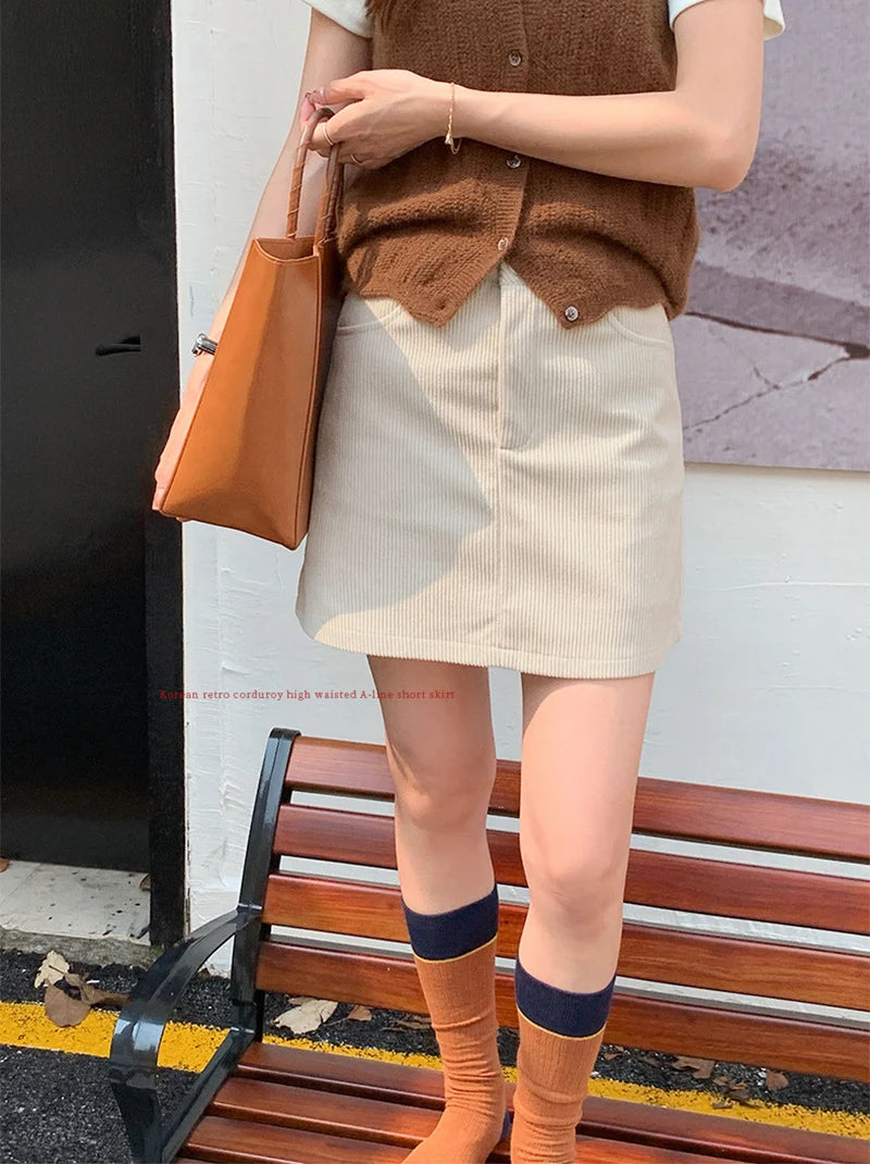 Korean Style High Waist Corduroy Mini Skirt - A-Line Vintage College Skirt with Pockets