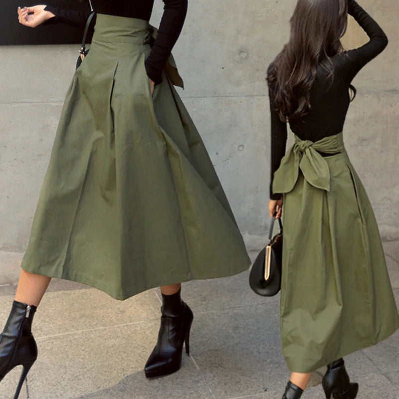 Korean Style High Waist A-Line Maxi Skirt - Elegant Lace-Up Long Skirt