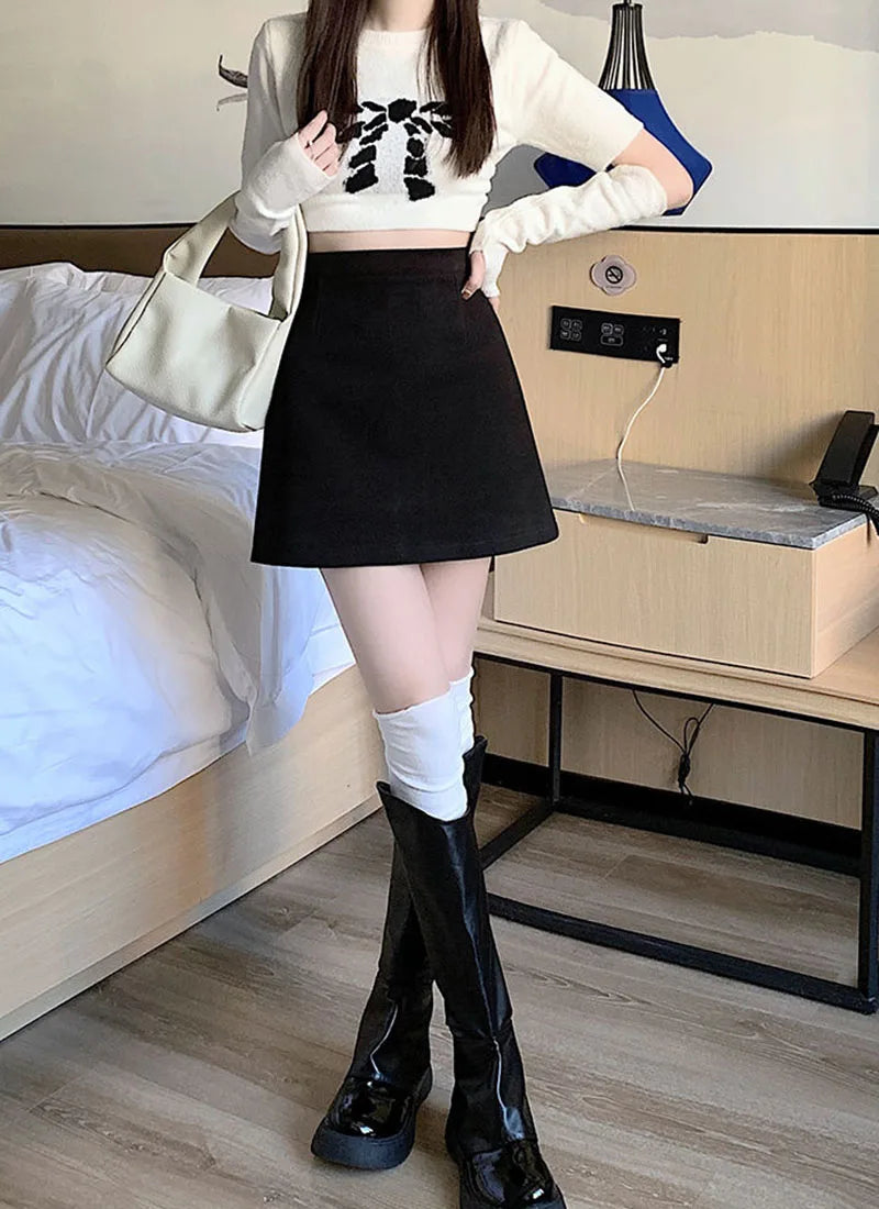 Korean Style High Waist Woolen Mini Skirt - A-Line Bodycon Skirt with Zipper
