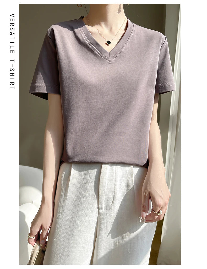 Korean Style V-Neck Cotton T-Shirt - Women's Relaxed Fit Short Sleeve Top
