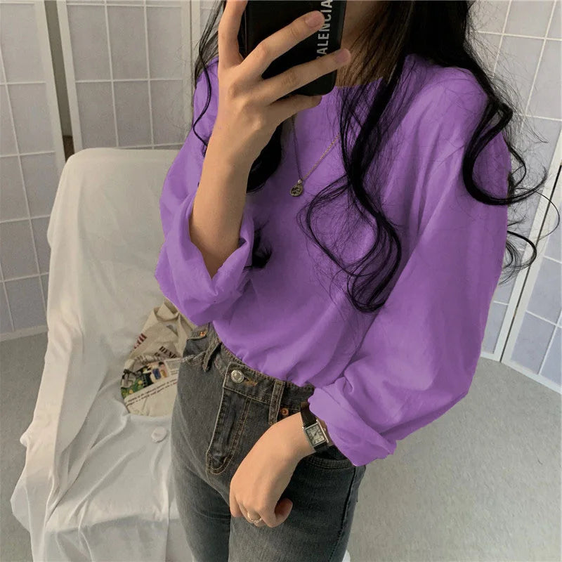 Korean Style Long Sleeve T-Shirt - Women's Loose Fit Basic Top