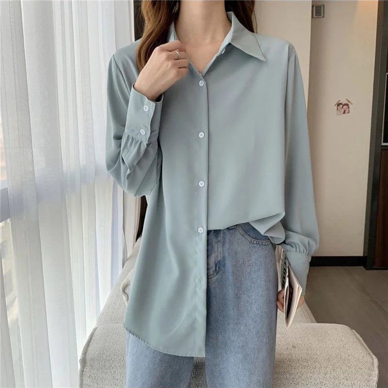 Korean Style White Chiffon Blouse - Elegant Long Sleeve Shirt for Women