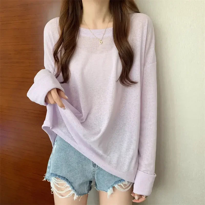 Korean Style Mesh Long Sleeve Cover Up Top