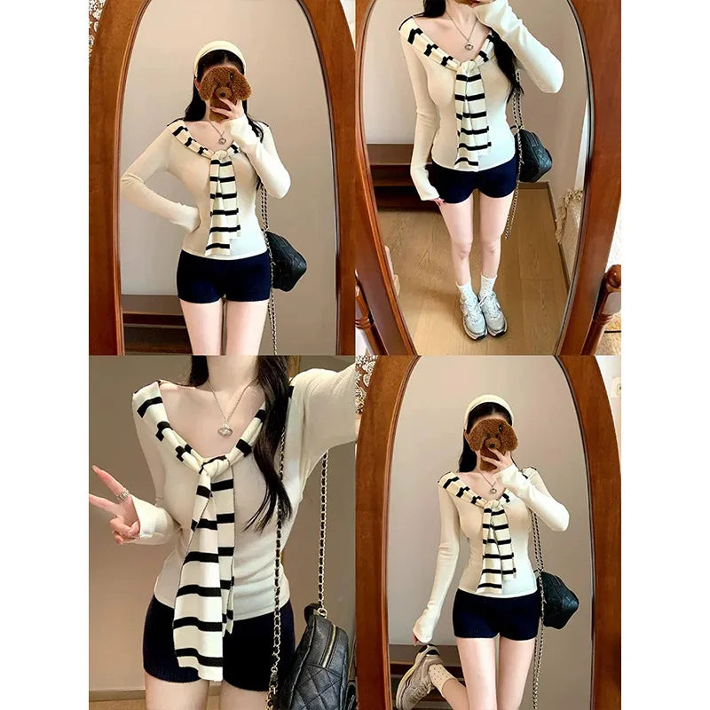 Korean Style Two-Piece Striped Knit Set - Boat Neck Layered Top