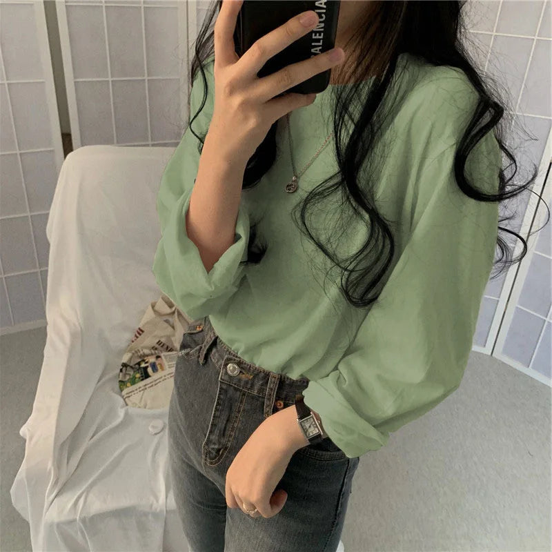 Korean Style Long Sleeve T-Shirt - Women's Loose Fit Basic Top