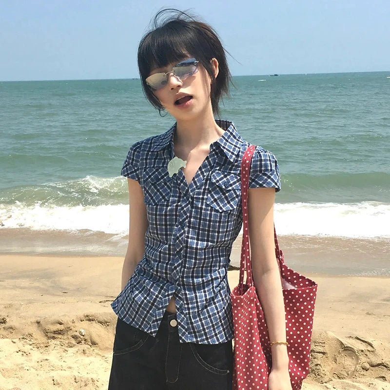 Korean Style Y2K Plaid Shirt - Women's Vintage Short Sleeve Blouse