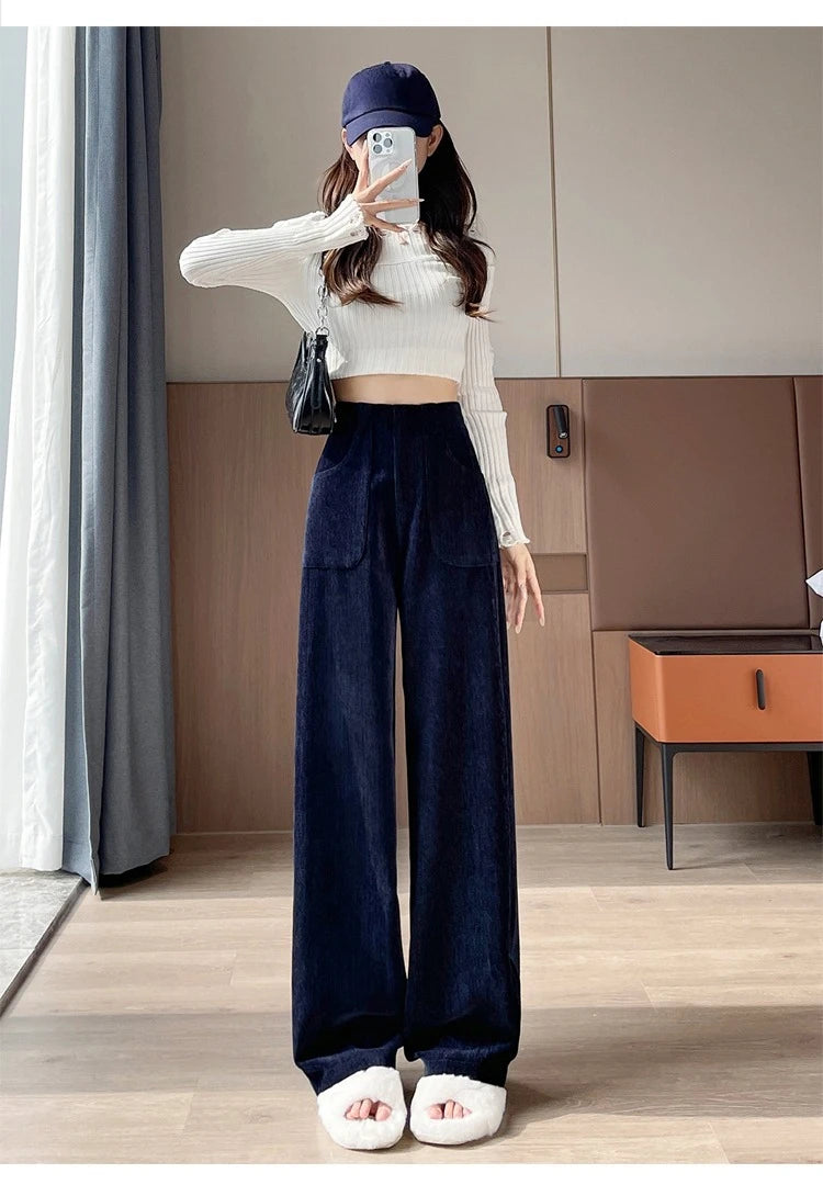 Korean Style High Waist Corduroy Wide Leg Trousers - Women's Vintage Casual Pants with Pockets
