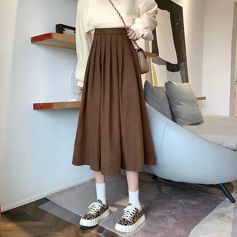 Korean Style Pleated Midi Skirt - Vintage Brown High Waist A-Line Skirt