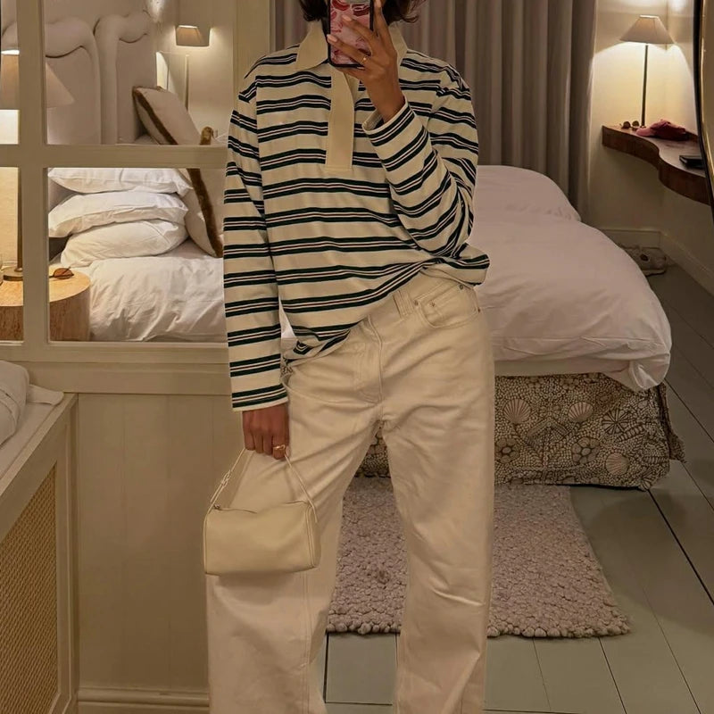 Korean Style Striped V-Neck Sweatshirt - Women's Vintage Y2K Button Pullover Top