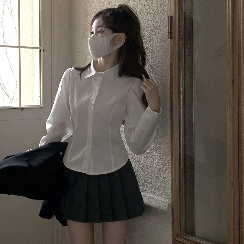 Korean Style White Shirt - Back Lace-Up Detail Shirt for Women