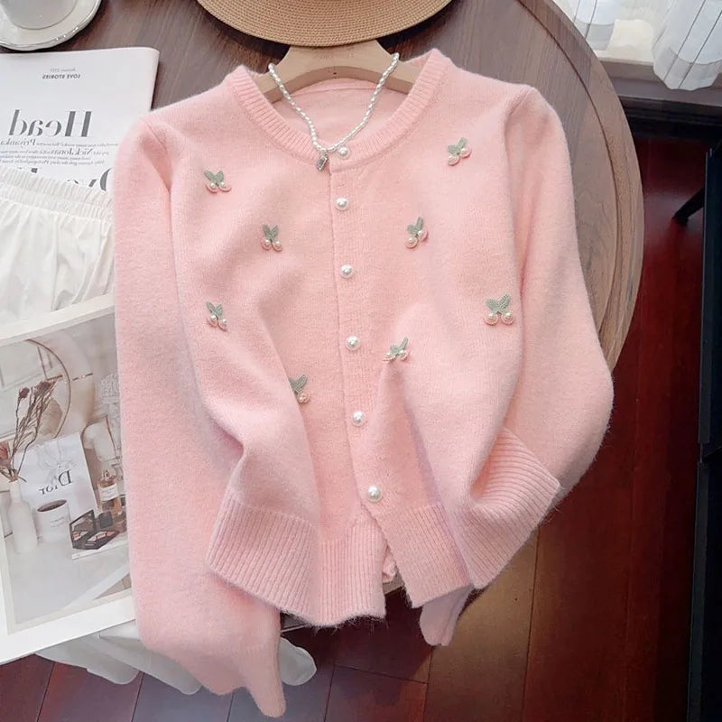 Korean Style Pearl Embellished Cardigan - Women's Knit Sweater