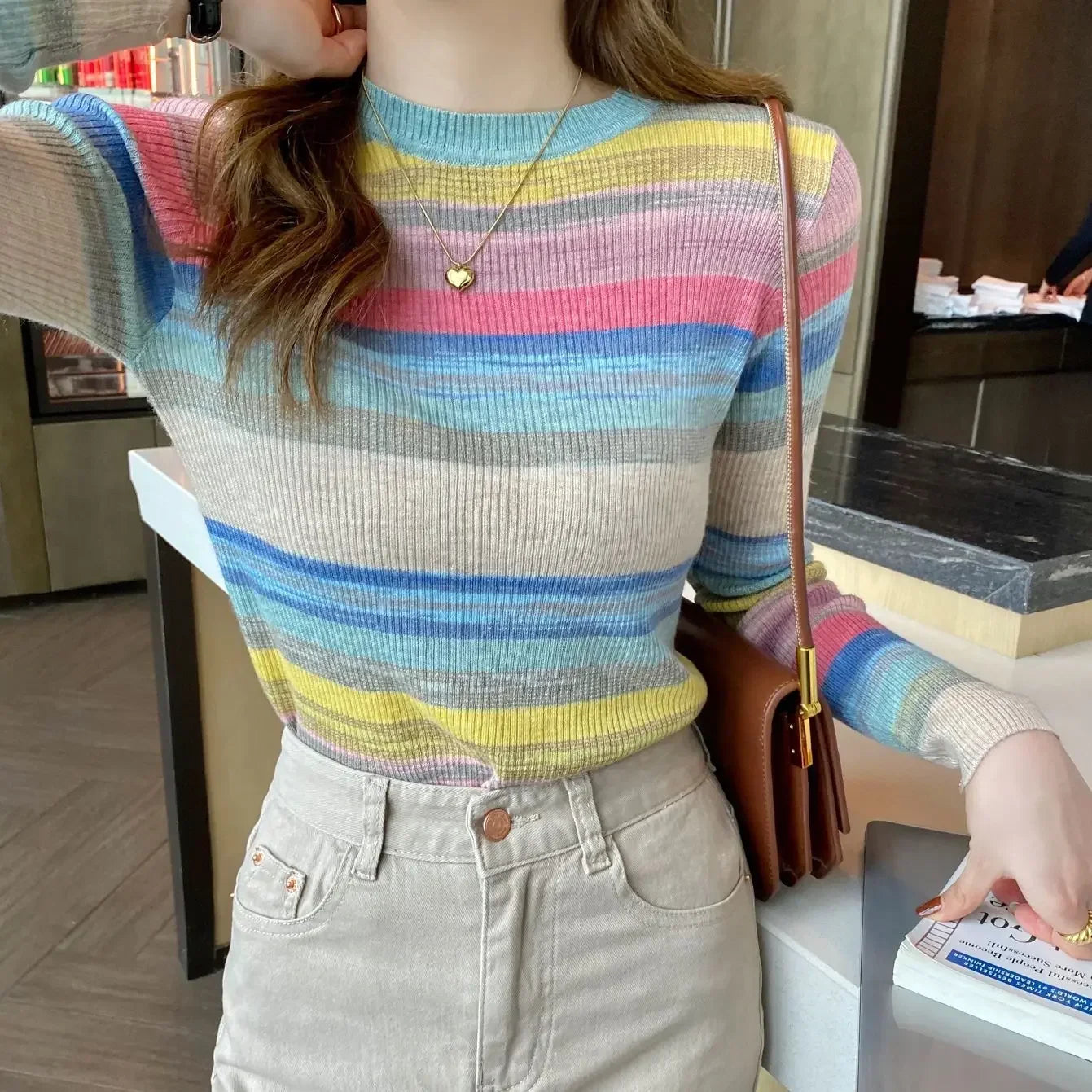 Korean Style Striped Long Sleeve Top - Women's Slim Fit T-Shirt