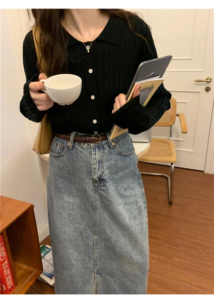 Korean Style Polo Collar Knit Cardigan - Women's Elegant Layering Sweater