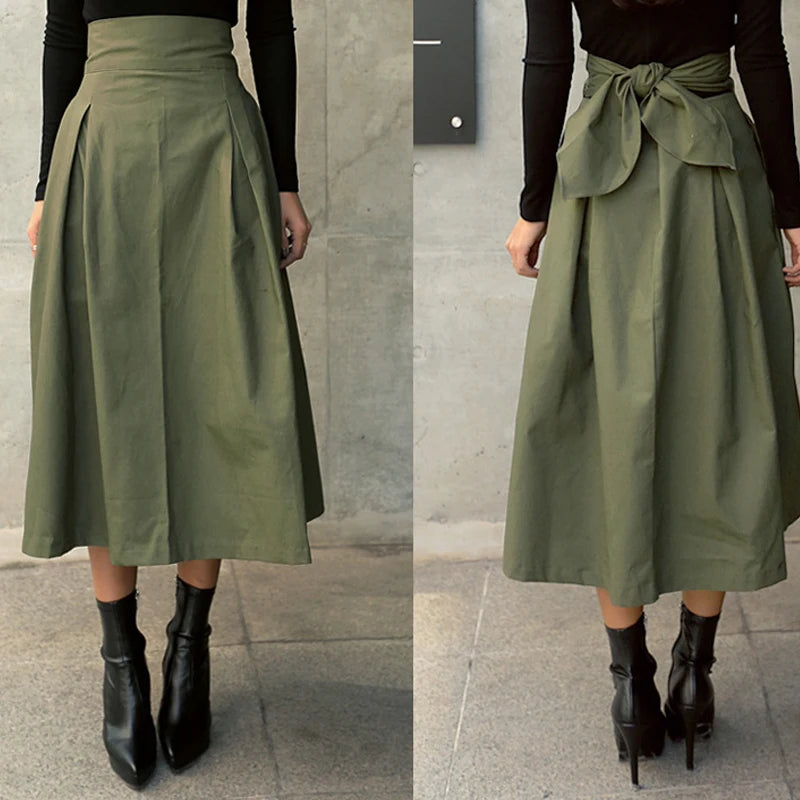 Korean Style High Waist A-Line Maxi Skirt - Elegant Lace-Up Long Skirt