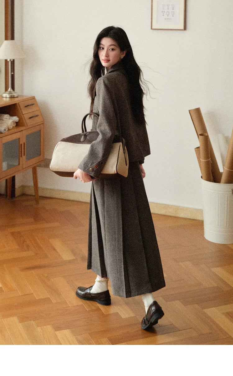 Korean Style Pleated Wool Skirt - Elegant High-Waist A-Line Midi Skirt for Women