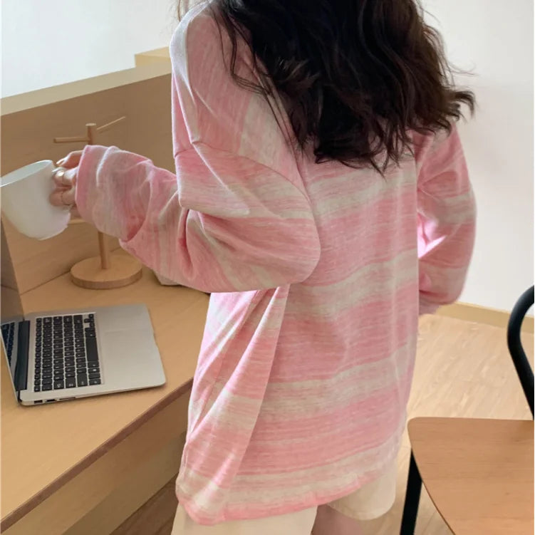 Korean Style Vintage Striped Long Sleeve T-Shirt - Women's Loose Fit Top