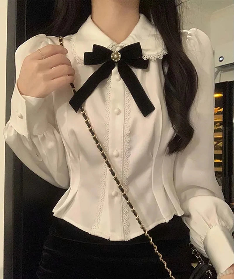 Korean Style White Lace Blouse - Elegant Peter Pan Collar Shirt with Bow Detail