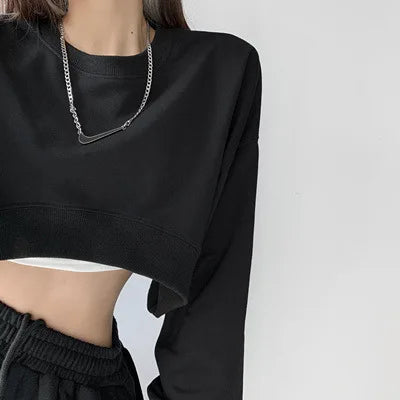 Korean Style Long Sleeve Crop Top - Women's Loose Fit Y2K Fashion T-Shirt