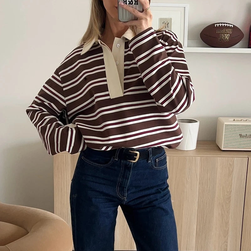 Korean Style Striped V-Neck Sweatshirt - Women's Vintage Y2K Button Pullover Top