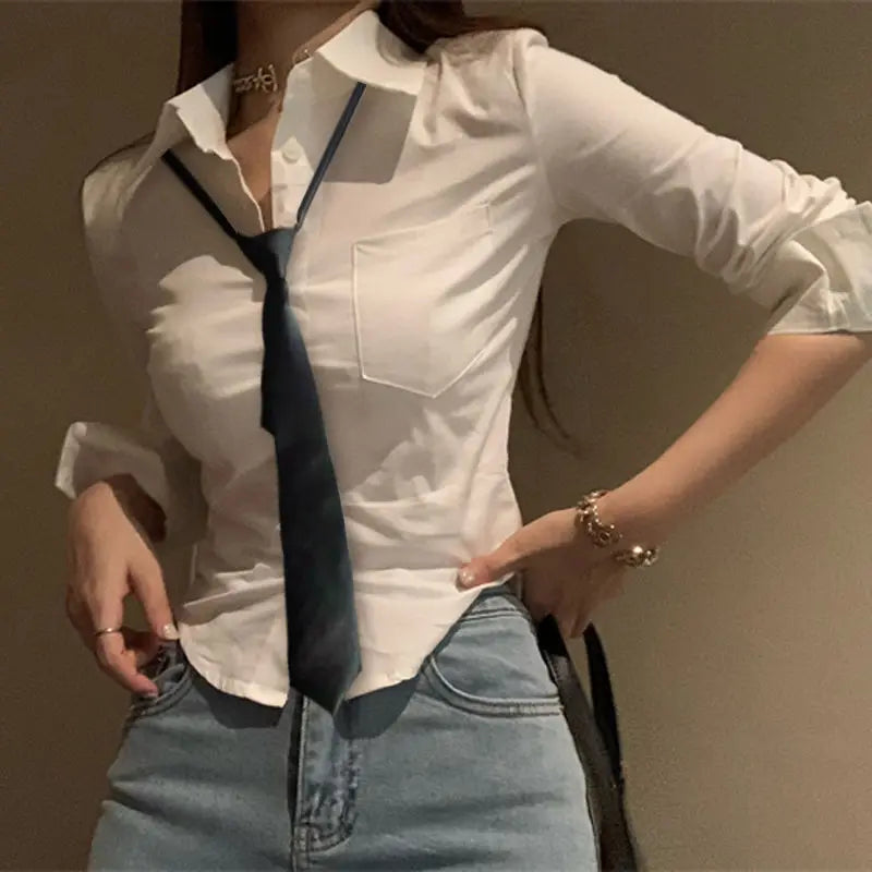 Korean Style Women's Slim Fit Cropped Blouse - Elegant Y2K Streetwear Shirt