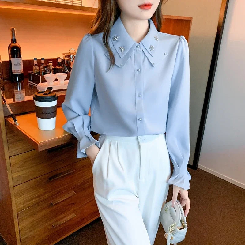 Korean Style Chiffon Blouse - Elegant Long Sleeve White Shirt for Women