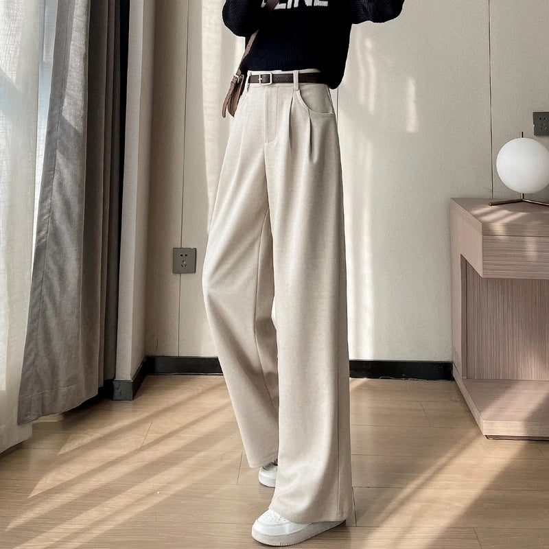 MEXZT Woolen Wide Leg Pants Women Streetwear Belt Fleece Baggy Black Suit Pants Winter Korean Fashion Casual Straight Trousers