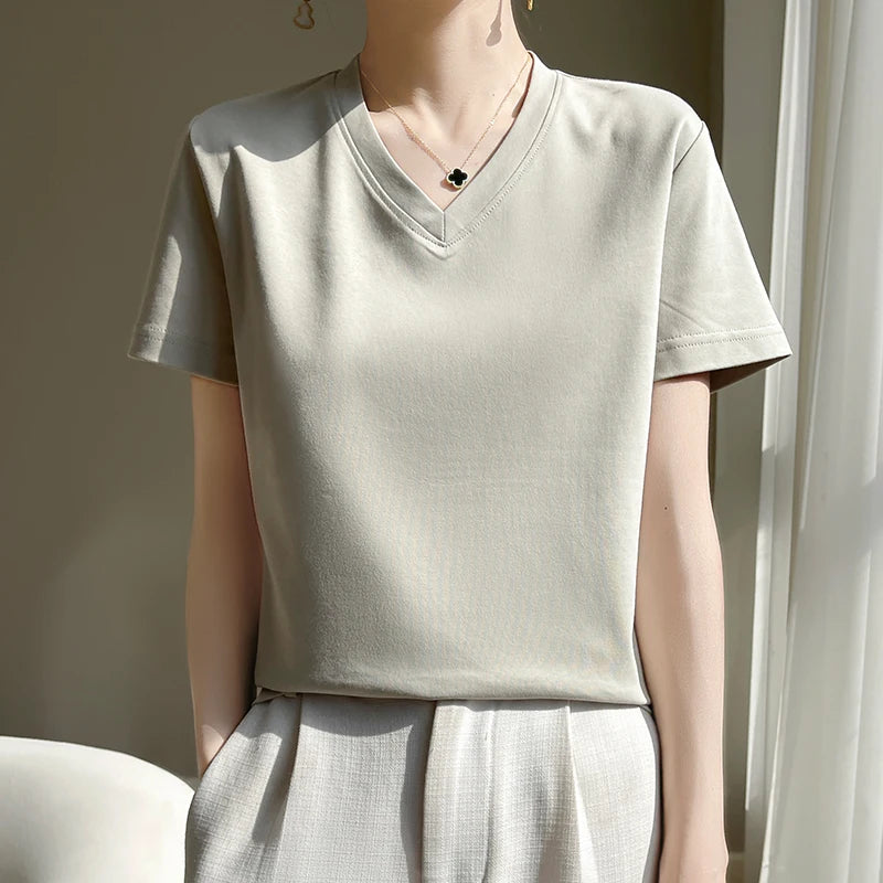 Korean Style V-Neck Cotton T-Shirt - Women's Relaxed Fit Short Sleeve Top
