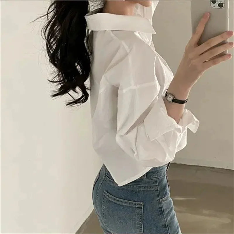 Korean Style White Button-Up Blouse - Women's Long Sleeve Casual Shirt