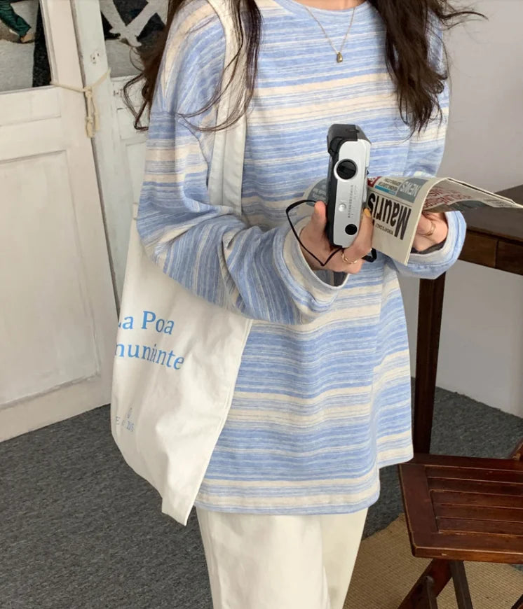 Korean Style Vintage Striped Long Sleeve T-Shirt - Women's Loose Fit Top