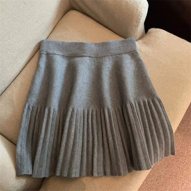 Korean Style Pleated Knit Mini Skirt - High Waist A-Line Skirt for Women