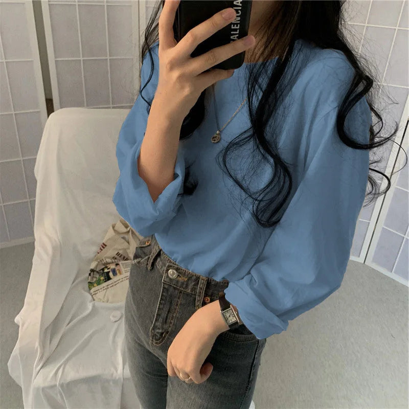 Korean Style Long Sleeve T-Shirt - Women's Loose Fit Basic Top