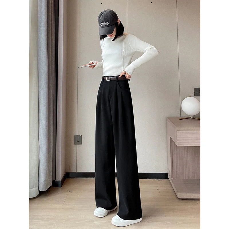 MEXZT Woolen Wide Leg Pants Women Streetwear Belt Fleece Baggy Black Suit Pants Winter Korean Fashion Casual Straight Trousers