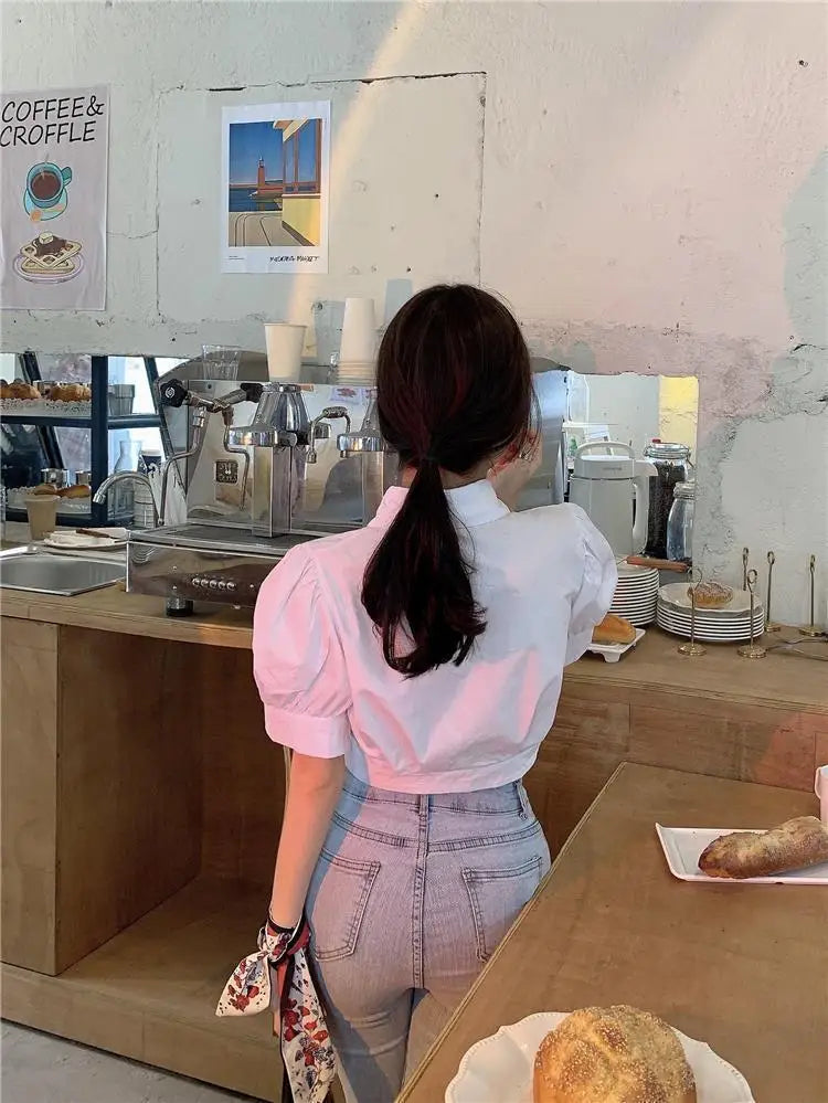 Korean Style White Puff Sleeve Cropped Shirt - Women's Elegant Preppy Blouse