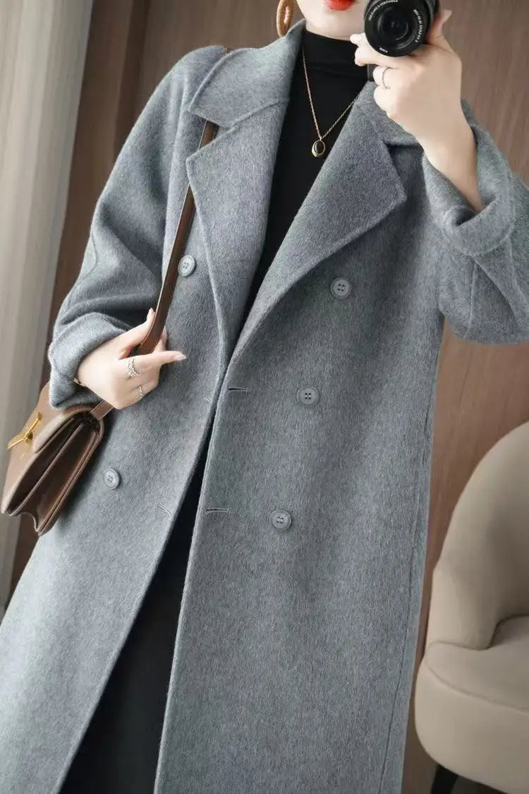 Korean Style Wool Coat - Women's Double-Breasted Mid-Length Winter Jacket