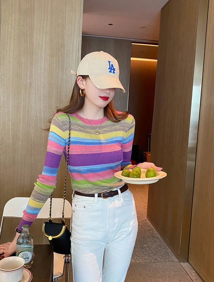 Korean Style Striped Long Sleeve Top - Women's Slim Fit T-Shirt