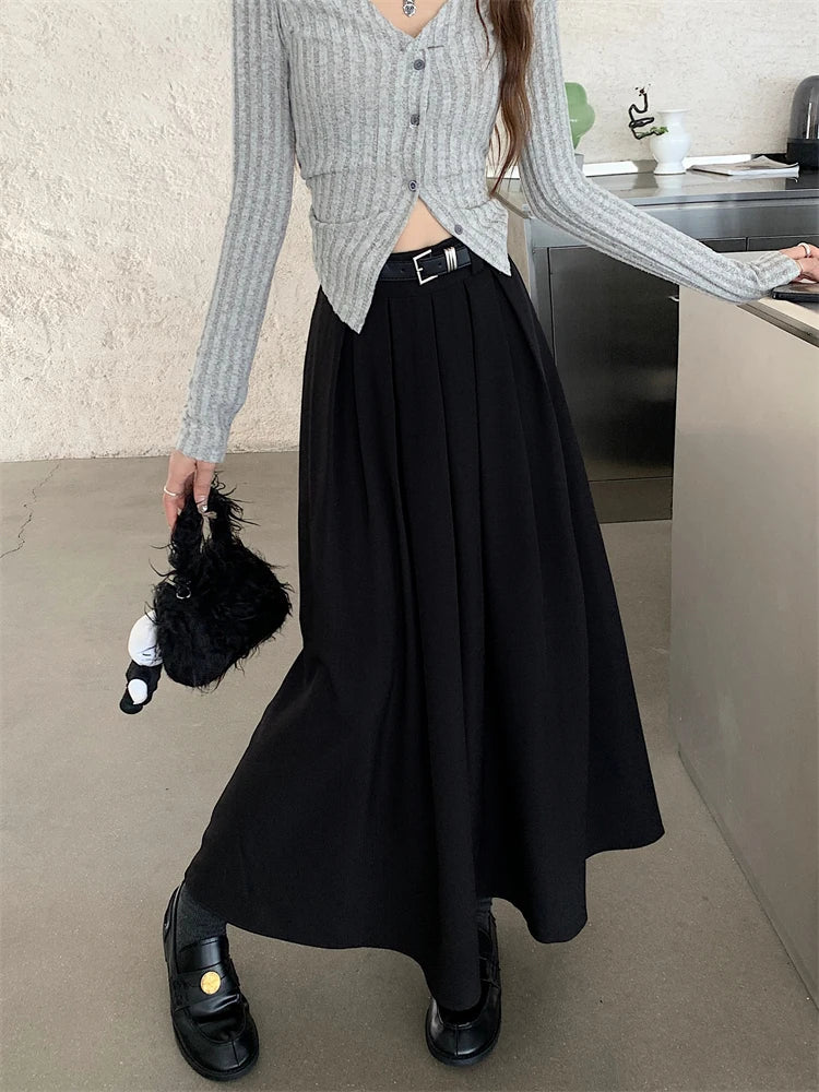 Korean Style Pleated Midi Skirt - A-Line High Waist Swing Skirt for Women