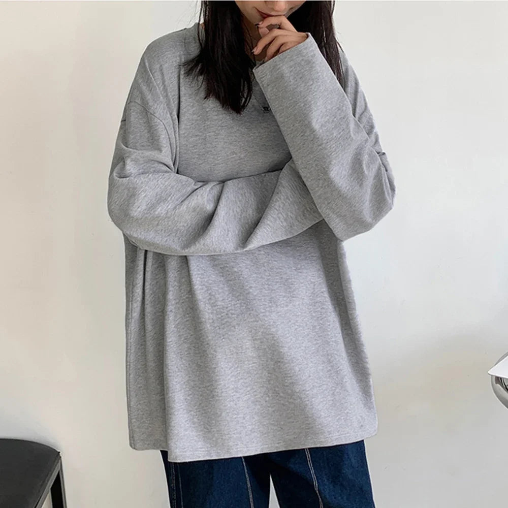 Korean Style Oversized Long Sleeve T-Shirt for Women - Casual Cotton Tee