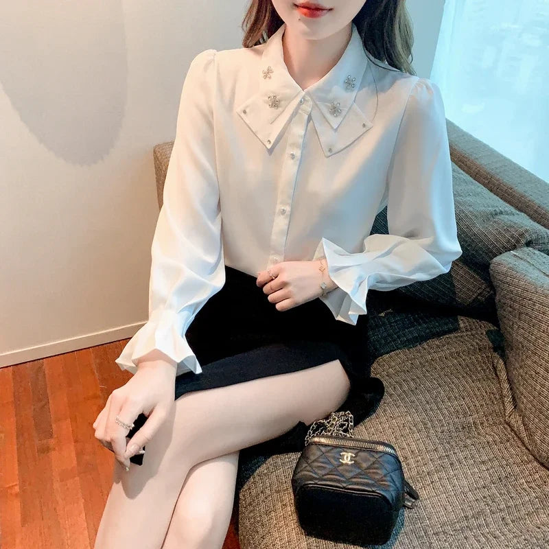 Korean Style Chiffon Blouse - Elegant Long Sleeve White Shirt for Women